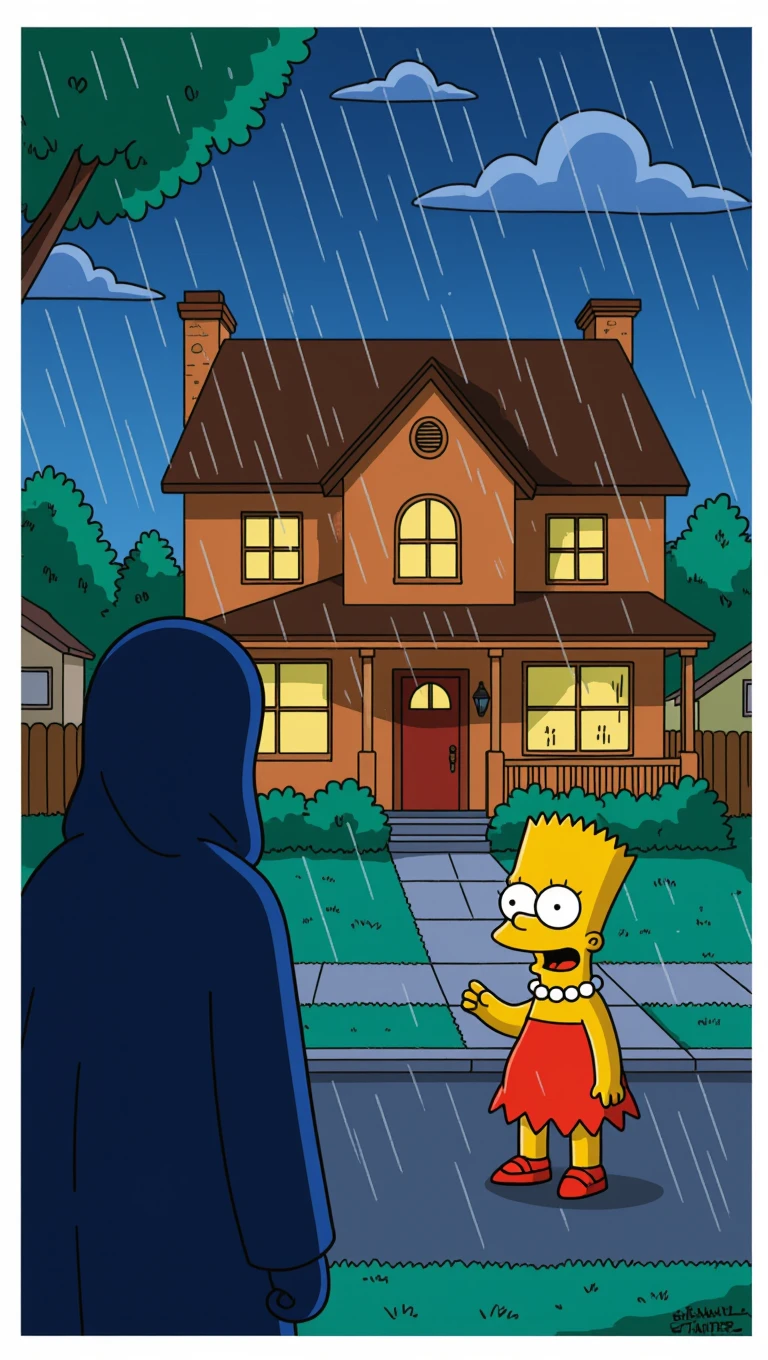 Springfield sous la pluie, la nuit. Une silhouette encapuchonnée observe la maison des Simpson. emoji