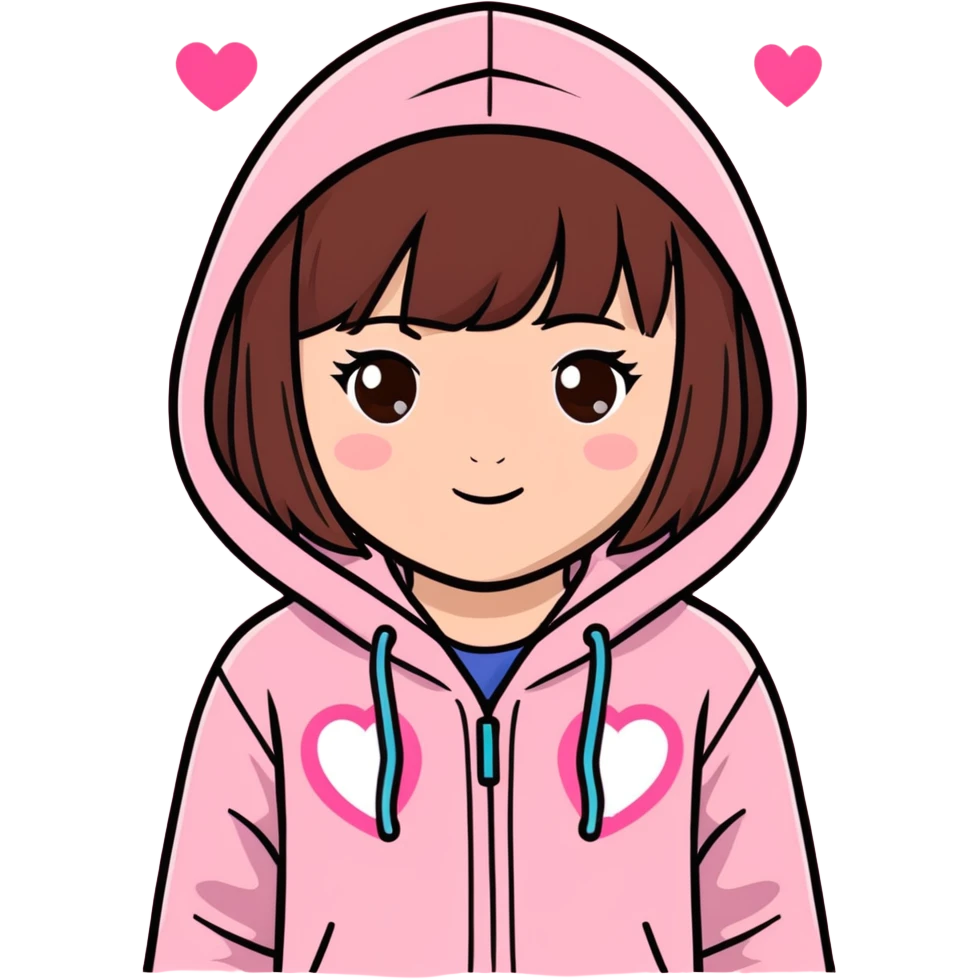 The cutest little brown haired brown eyed little girly with bangs and wearing a pink hoodie with hearts and sparkles emoji