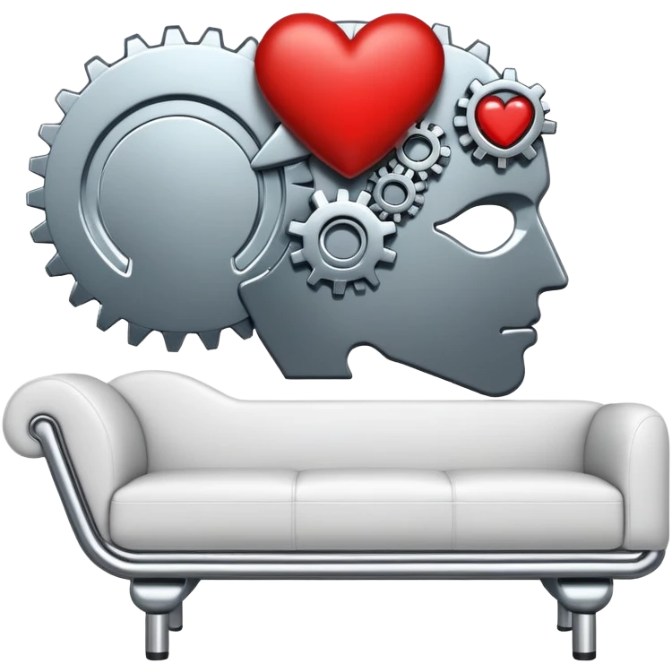 An icon featuring a human head silhouette with gears and a heart inside, symbolizing psychology. The design includes a therapy couch and a speech bubble, representing mental health and communication. Transparent background highlights the study of the human mind and behavior. emoji