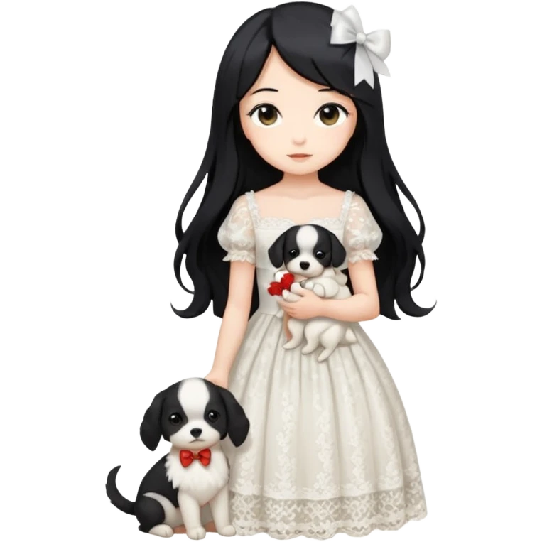 Pastel anime lady long hair with long lace dress full body holding puppy emoji