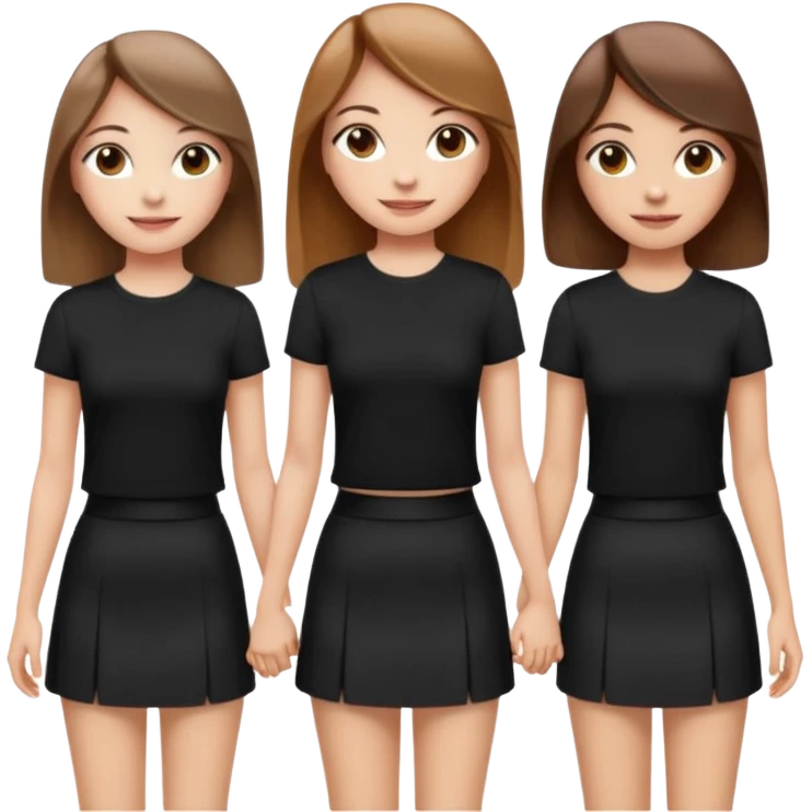 emoji of a girl with long, straight light brown hair, fair skin, soft brown eyes. Wearing a stylish black top and mini skirt. Full-height, standing confidently with shoulders back, head up, smiling proudly. Surrounded by 3 women next to her, holding hands. women have different eye color emoji