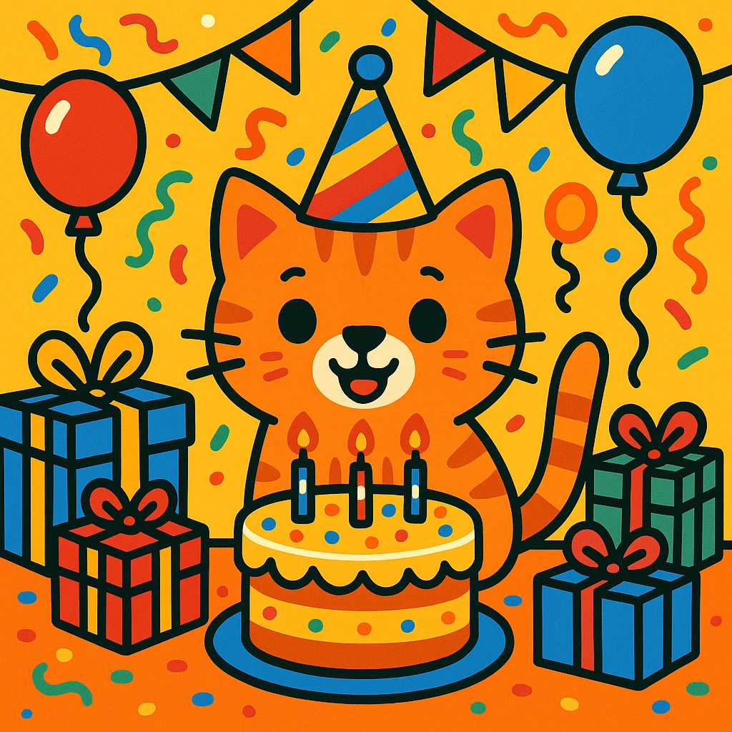 birthday party scene with colorful decorations, balloons, confetti, a large birthday cake, gifts, and a festive atmosphere, featuring a ginger tabby kitten wearing a birthday hat as the main character emoji