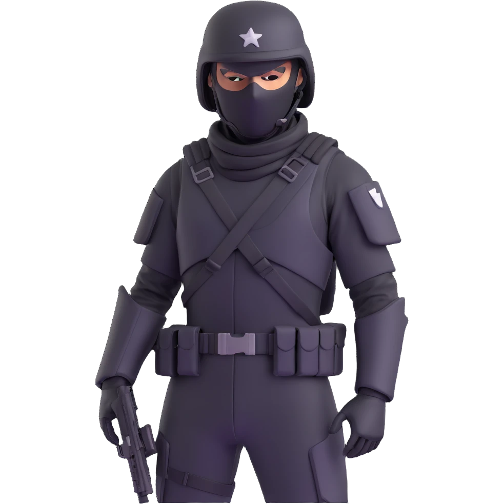 armed figure in all-black military clothing, shiesty mask, and helmet, standing in a ready pose emoji
