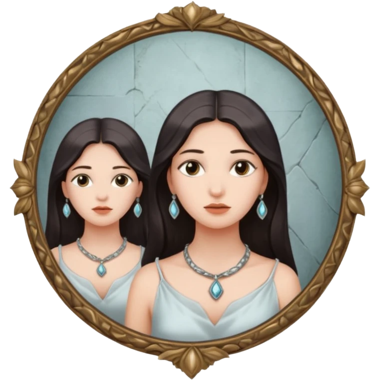 Woman facing ancient mirror, reflection slightly delayed and darker emoji