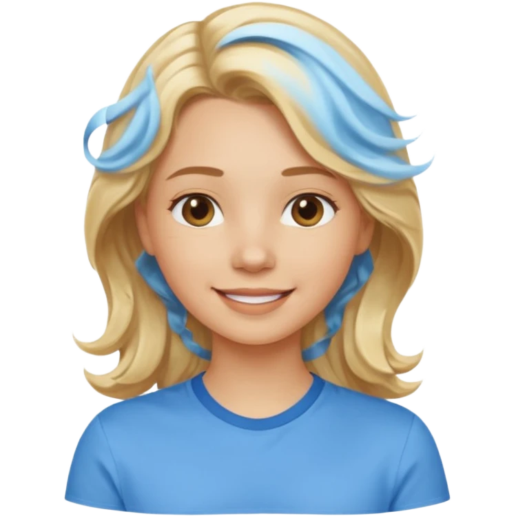 Happy blond girl with light weavy hair with a blue shirt but we can see only her face and neck and the top of the t shirt, no whole body emoji