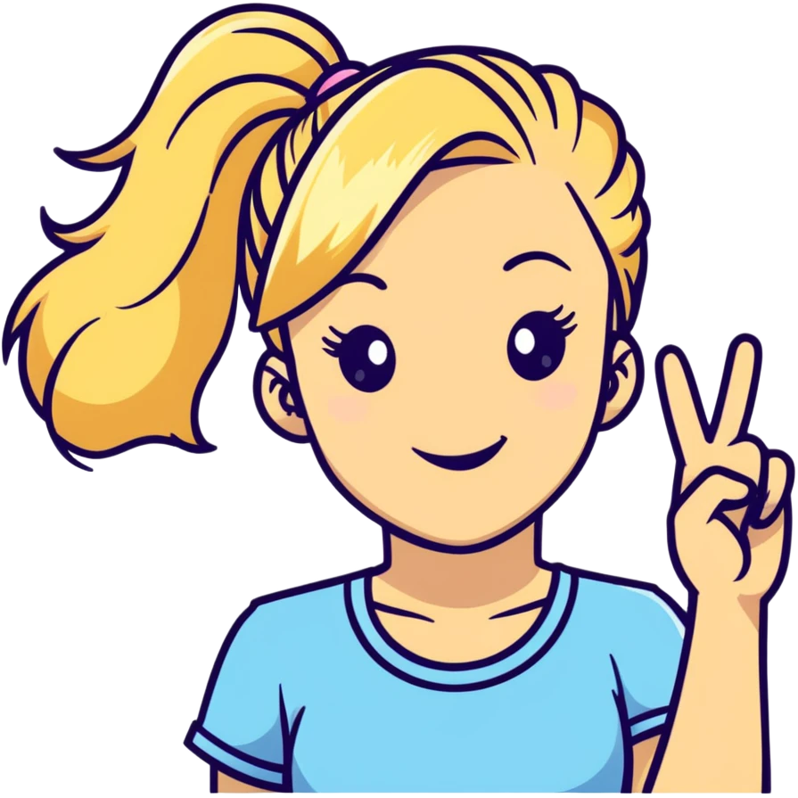 blonde girl with high pony tail hair, winking and making peace sign emoji