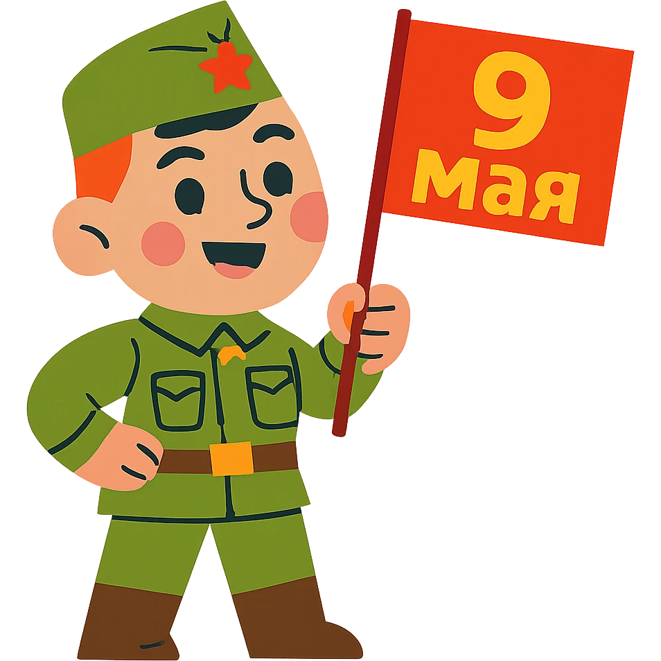 military boy in Soviet green uniform holding a red flag with "9 мая" emoji