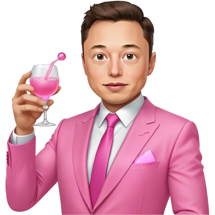 Elon Musk, dressed in an all-pink suit, with one hand holding a pink tequila shot emoji