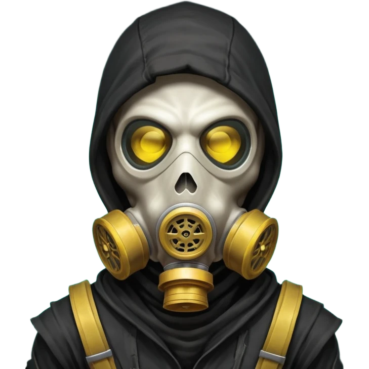 skeleton wearing a gas mask portrait, head and shoulders only, dark hood, glowing eyes inside mask, post-apocalyptic vibe, 3D cartoon, mobile game icon style, clean background, no text, no watermark
 emoji