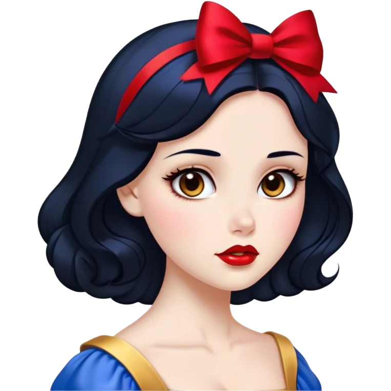 Cinematic Elegant Snow White Portrait Emoji, rendered in a realistic, vector-style with minimal shading and bold, simplified shapes. Depict Snow White (chest and above) with flawless porcelain skin, expressive deep brown eyes, and lustrous raven hair neatly styled with a red bow, wearing her classic blue and gold dress. The image glows with a soft, pure radiance and high shine, capturing timeless beauty and gentle grace. emoji