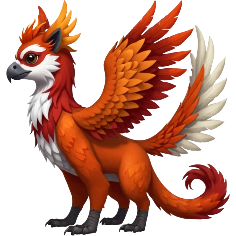4-legged realistic digitigrade scaly winged long-big-beaked Gryphon-Griffin-Griffsnuff-Talonflame-Silvally-Braviary-Red-Panda-fusion-hybrid-animal-Fakémon-creature, full body, with a long thin tufted lion-tail, long big tufted winged feathery ears emoji