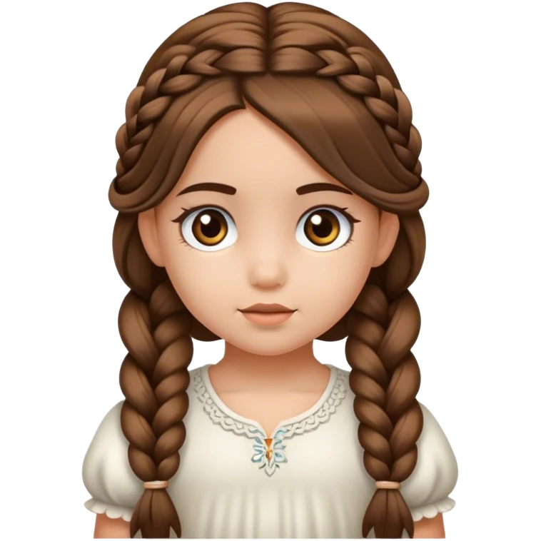 Una niña de 6 años, muy bonita, de piel blanca, con cabello largo y peinado de dos trenzas, con ojos marrones  emoji