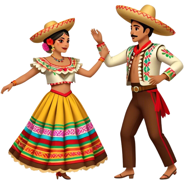 Cinematic Realistic scene of two performers dancing the Jarabe Tapatío, dressed in colorful traditional Mexican costumes with intricate embroidery, captured in energetic, festive motion with vibrant, celebratory lighting emoji