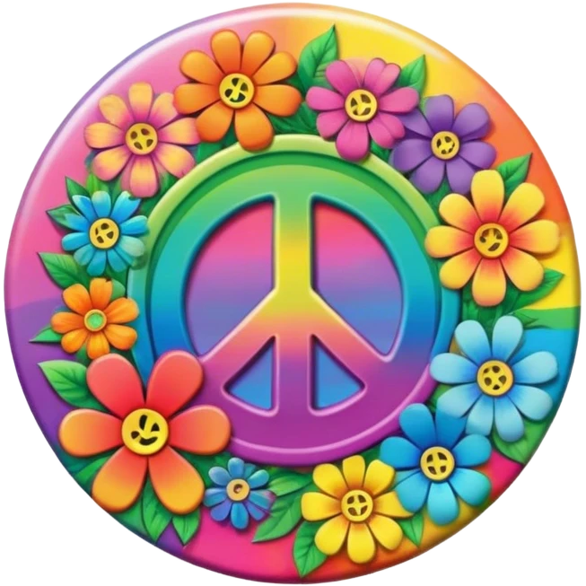 A round psychedelic colored button with the word (Peace) in the center with rainbow colored hippie style flowers emoji