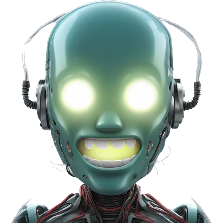 Alien robot head with glowing wires and white teeth  emoji