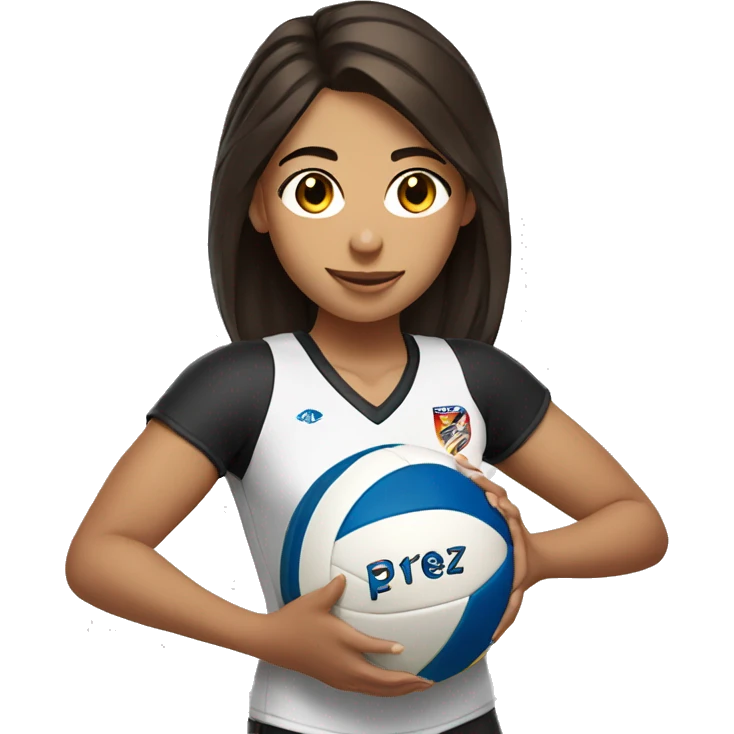 Female girl volleyball player with dark brown hair holding a volleyball with a jersey with the name Pérez on the back emoji
