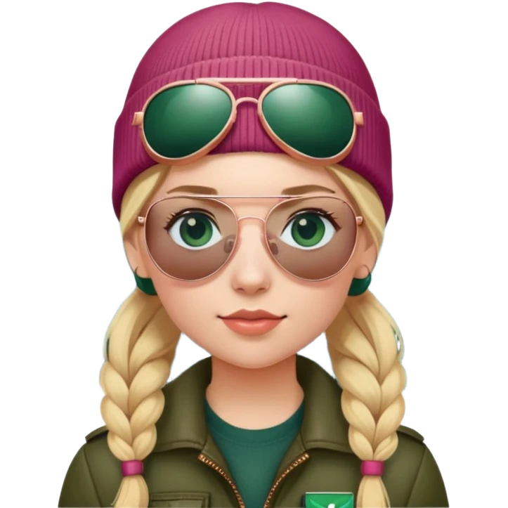 girl with pigtailed blond hair
with blue eyes
and aviator sunglasses
wearing beanie
wearing (rose gold apple watch with forest green band) emoji