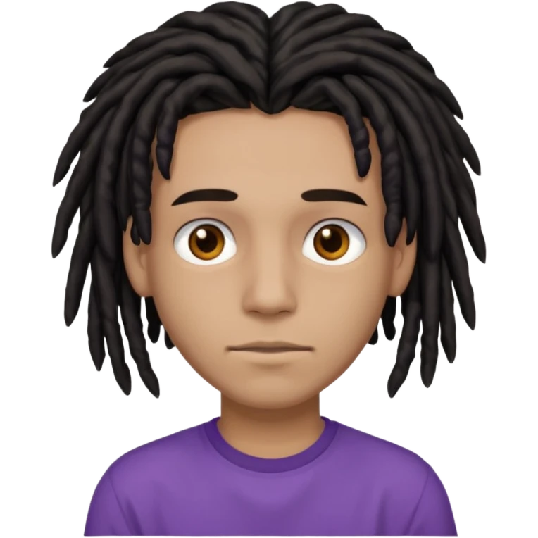 brown teen with black dreads in a middle part with brown eyes and a small faint mustache and purple shirt emoji