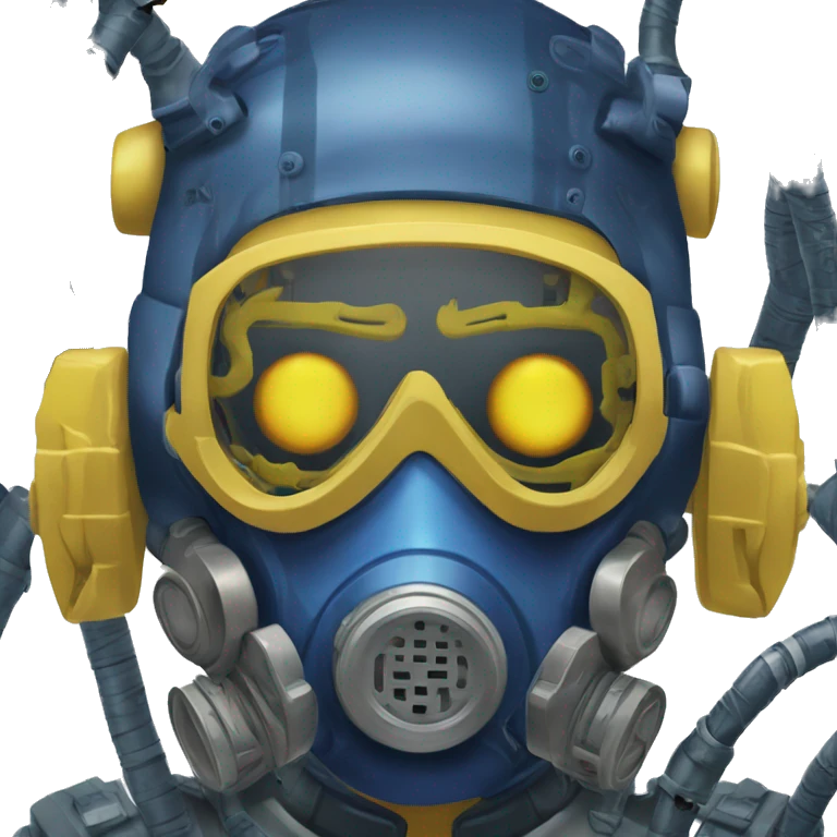 Dark Blue curly hair cyborg head with yellow respirator mask and circuitry emoji