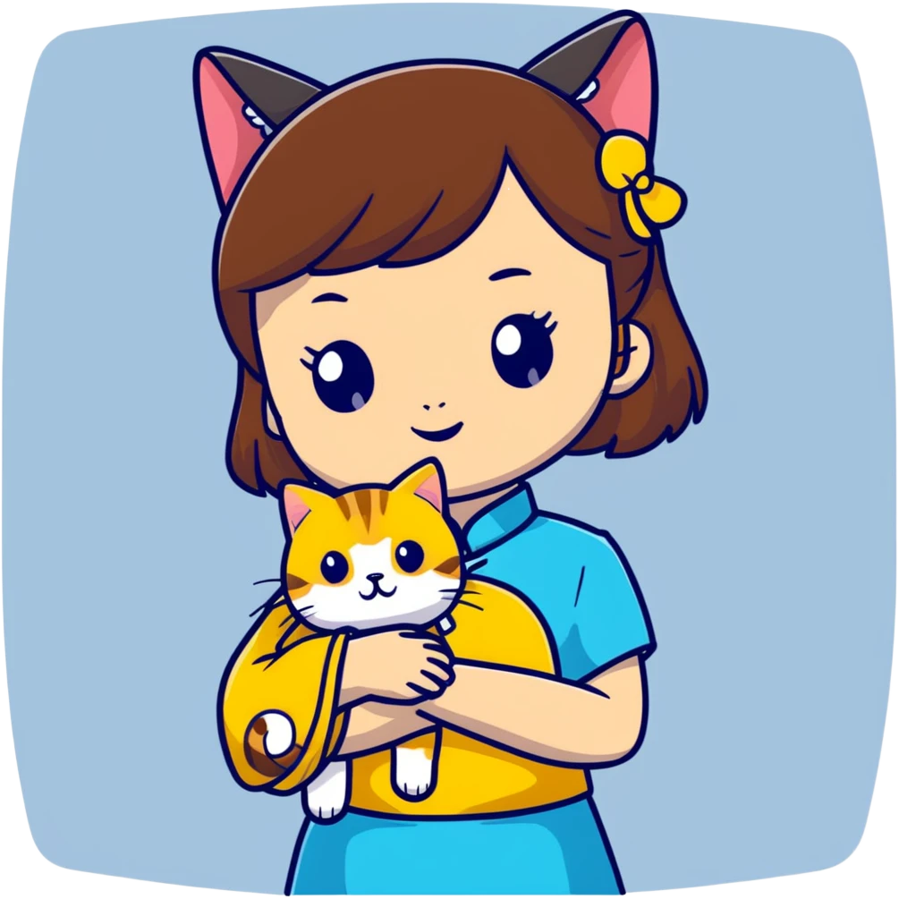 girl with brown hair and bangs wearing yellow qipao with a gray tabby cat emoji