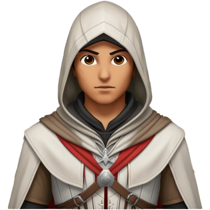 icon featuring Assasin's Creed in an iconic assassin's hood, standing tall against the backdrop of Florence. The design captures the essence of adventure, with intricate details of historical architecture and a sense of mystery. The character is poised, ready for action. transparent background. emoji