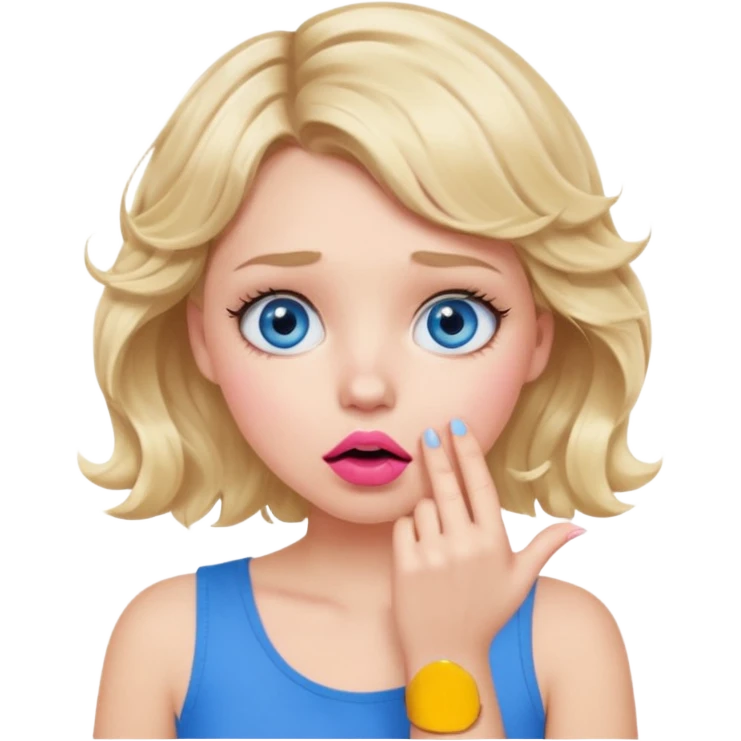 Girl Blonde short wavy hair,  blue eyes, cute blue top, long lashes, pink lips, shocked, hand over the mouth emoji