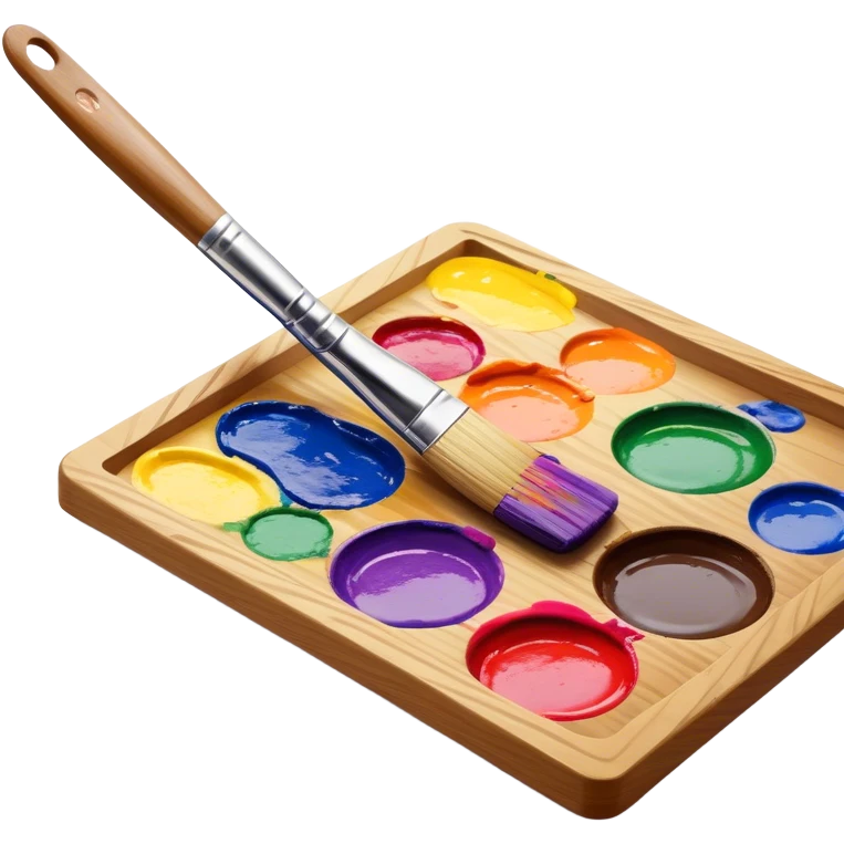 Cinematic Realistic image of a vibrant paint palette and brush, featuring a wooden palette smeared with an array of richly blended colors and a finely detailed brush with soft, delicate bristles, set against a softly textured background that evokes artistic inspiration emoji