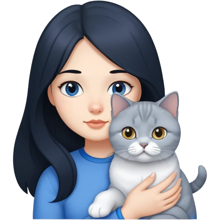 A girl with long black hair is holding a blue and white British shorthair emoji