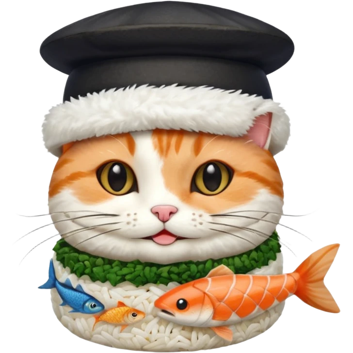 happy cat wearing a hat made out of sushi emoji