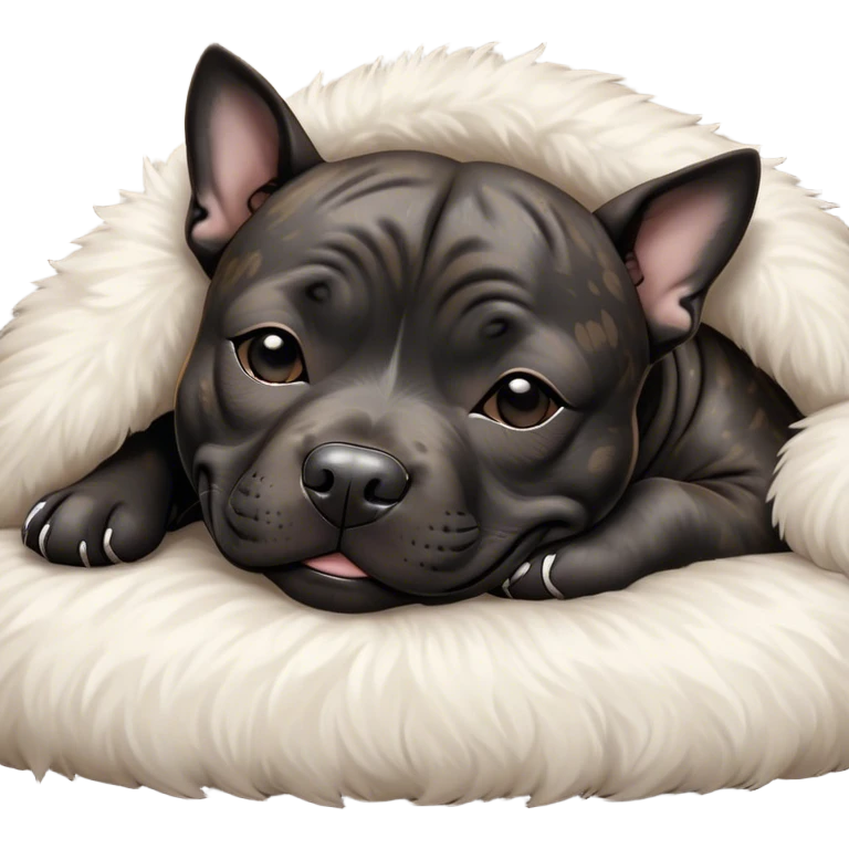 Meme-Worthy Cute Sleeping Black/Brindle Staffordshire Bull Terrier Portrait Emoji, Head resting peacefully with a contented smile, showcasing a delightfully compact build and a luxuriously soft Fur with an attractive black and brindle blend, eyes shut in a serene nap, Simplified yet hilariously adorable features, highly detailed, glowing with a soft, drowsy light, high shine, relaxed and utterly lovable, stylized with an air of playful laziness, bright and heartwarming, soft glowing outline, capturing the essence of a comically sleepy guardian, so meme-worthy it feels like it could instantly become the next viral sensation of adorable slumber! emoji