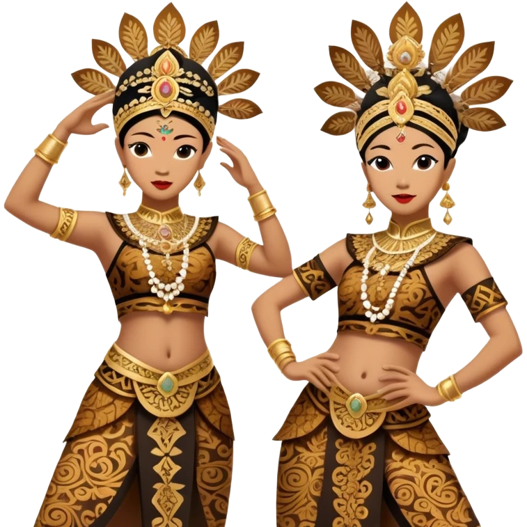 ​Cinematic Realistic Traditional Javanese Dancers, depicted as two graceful dancers in ornate traditional costumes with intricate batik patterns and elaborate headpieces, captured in dynamic poses during a ritual dance in an ancient temple courtyard, rendered with soft golden lighting and rich cultural textures, emoji
