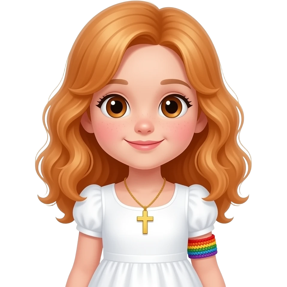 little girl with pale skin, pink cheeks, waist length ringlets, oranegish warm blond hair, big brown eyes, dimples, white dress, small golden locket with a cross engraved onto it, and a rainbow crocheted bracelet on her wrist. emoji