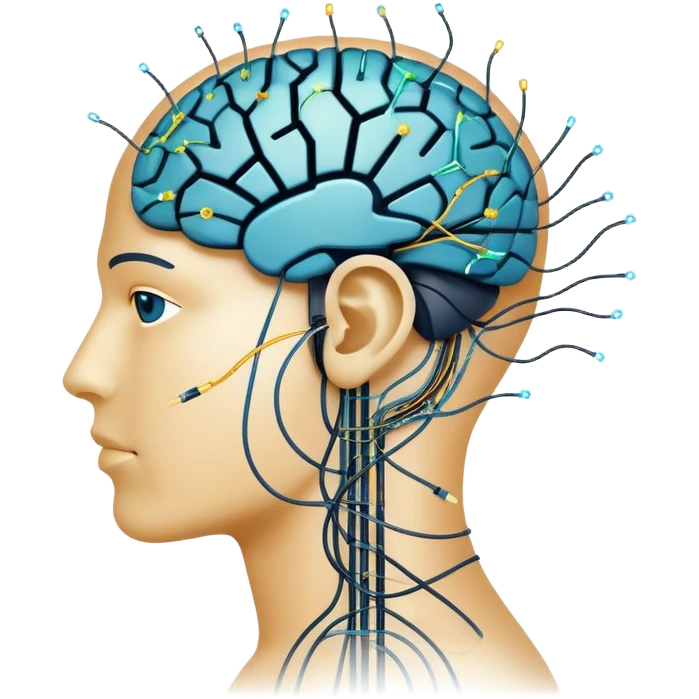 An icon featuring a human head silhouette with circuit patterns, a glowing brain, and neural network nodes, symbolizing artificial intelligence. The design includes data flow lines and robotic elements, representing machine learning and advanced computation. Transparent background emoji