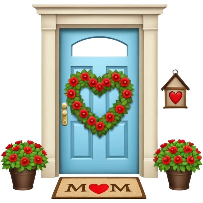 House door with heart-shaped wreath and welcome mat reading "Mom" emoji