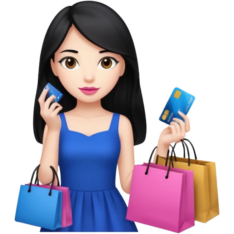Girl with long black hair, pink lipstick, brown eyes holding shopping bags and blue credit card and wearing a dress  emoji