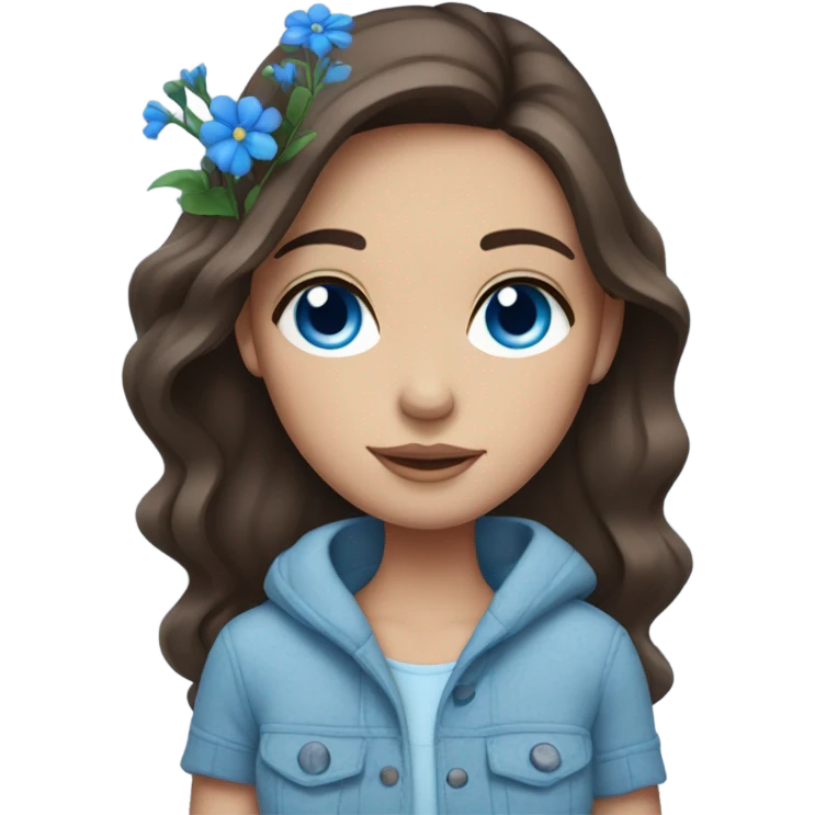 Brunette white Girl with blue eyes and freckles holding blue flowers  emoji