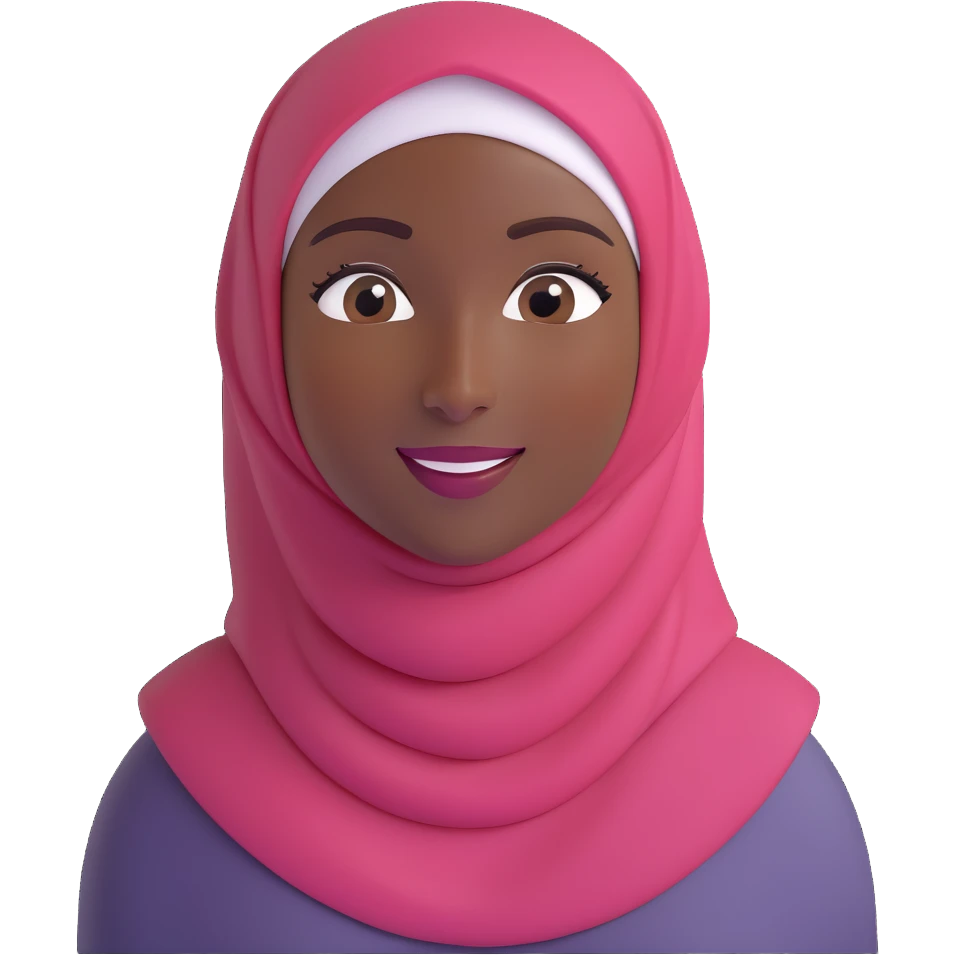 memoji style emoji of a woman in a hijab, dark skin tone, happy emoji