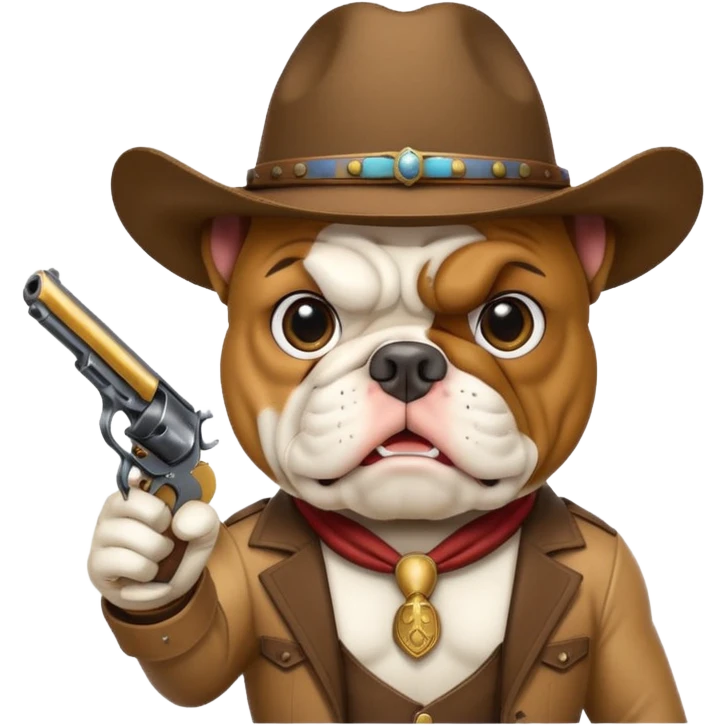 A bulldog wearing a cowboy hat pointing a revolver at you and telling you to hand over your money. emoji