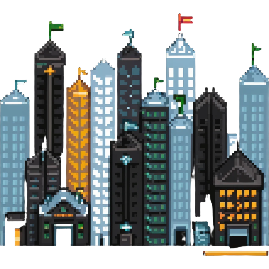 cityscape with economic symbols like upward arrows, coins, and buildings emoji