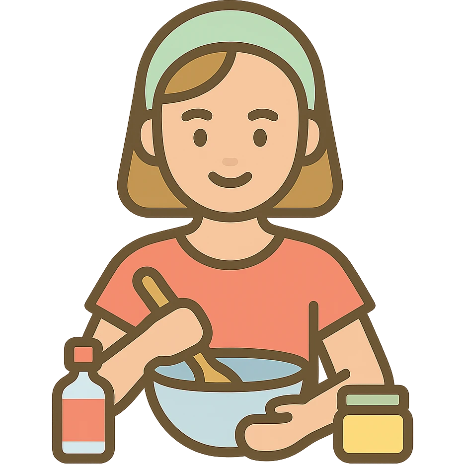 girl making skincare products, mixing ingredients in a bowl, color icon emoji