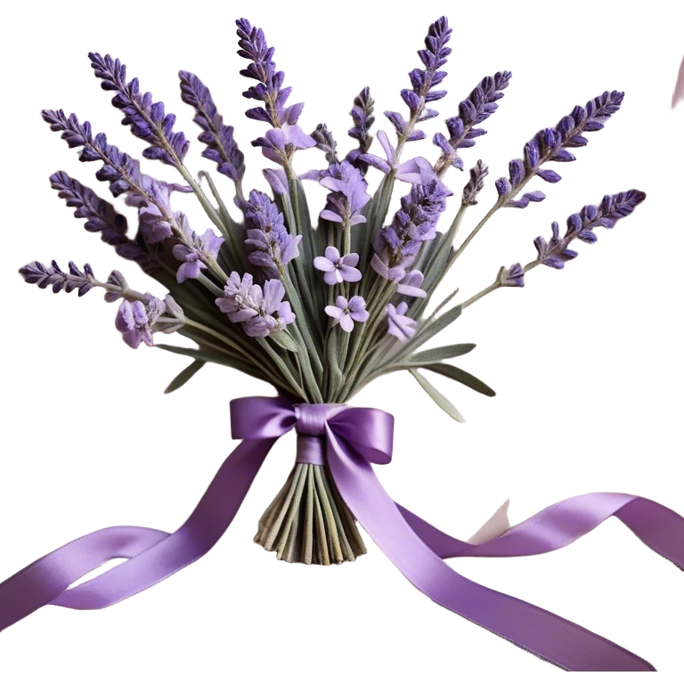 A delicate lavender bouquet, bound with a faded violet silk ribbon, rests atop an aged lace cloth, its soft petals releasing a gentle, calming fragrance. Wisps of dried lavender buds scatter across the table, their muted plum and lilac hues blending harmoniously with the intricate embroidery of the fabric.
 emoji