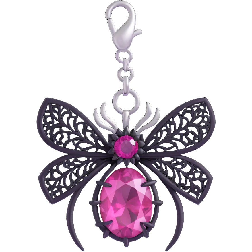 3D emoji style pink bow with gothic effect, black lace trim, silver spider charm, and deep magenta gemstone center emoji