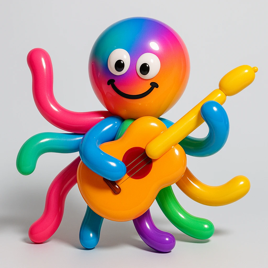 happy octopus with multiple arms playing guitar emoji