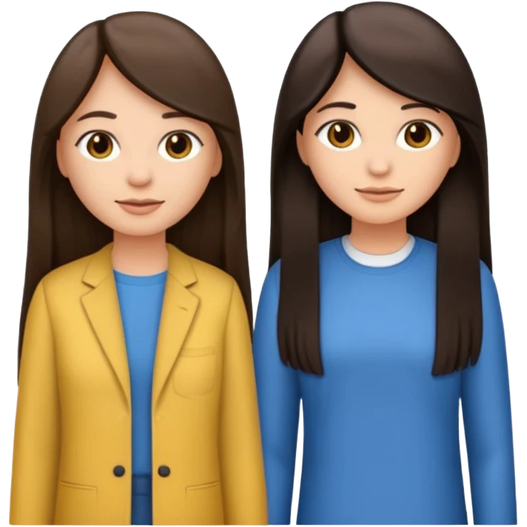 generate me emojis of sisters, one should look older, the other younger. the older one has dark brown hair, long, straight, the younger one is slightly lighter, also straight, long. clothes are any in principle, the main thing is that they more or less look like each other emoji