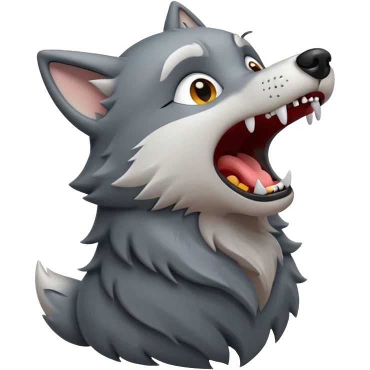 emoji of a wolf howling, head tilted upward with open mouth, small sound lines near the mouth to show the howling action, simple cartoon style emoji