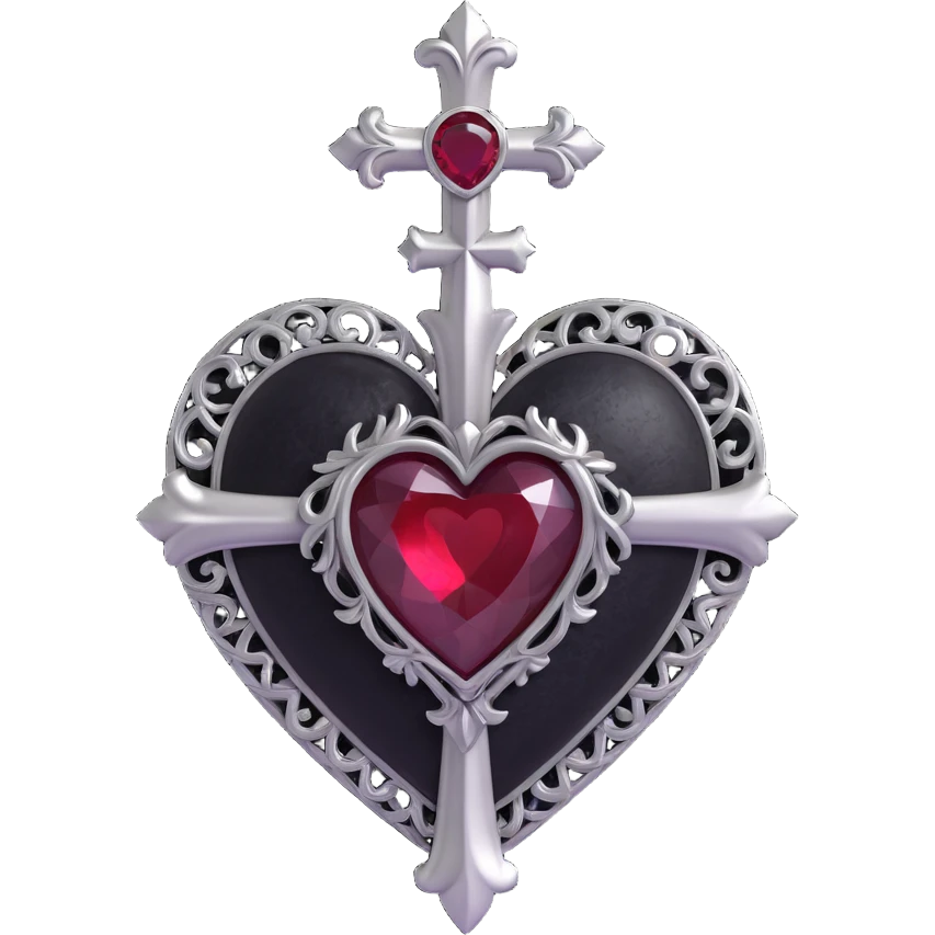 gothic heart, black velvet texture, silver cross charm, dark ruby center, ornate and dramatic emoji