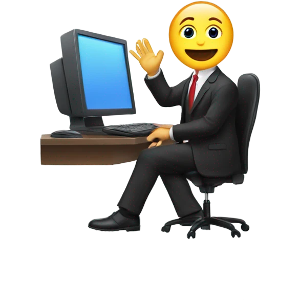 a man in a suit, sitting by a computer, waving,  emoji