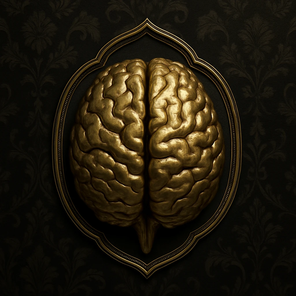 ultrarealistic 3d metallic gold brain symbol representing common sense, set against a dark black Victorian silk patterned background with gothic florals, classic and arcane, mysterious. The brain is the main symbol, highly detailed, inside a thin ornate frame that follows the shape of the brain, giving the interior a spotlight effect. High definition, classic, mysterious, and elegant. emoji