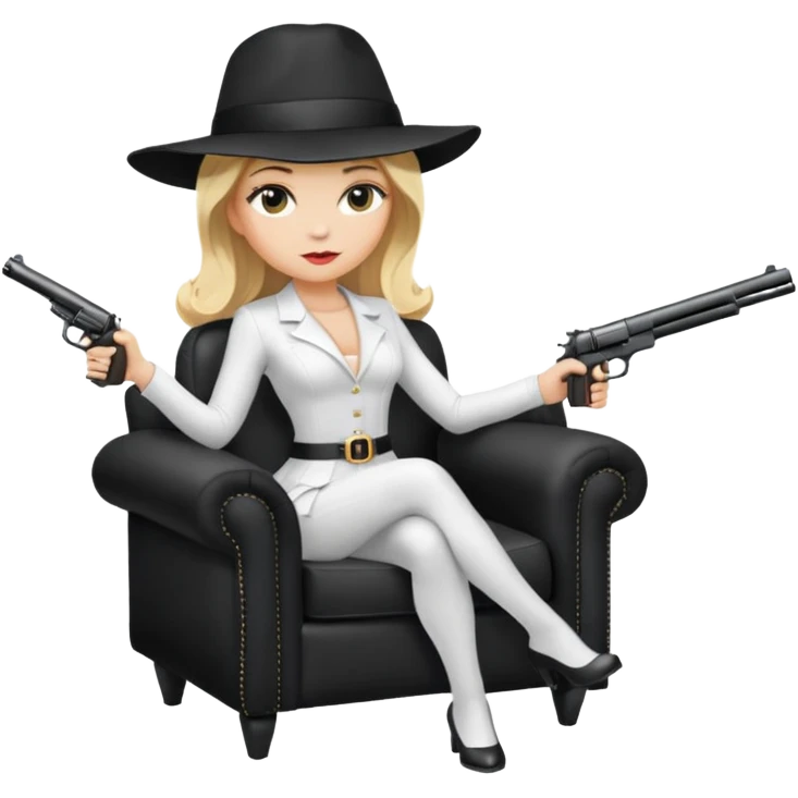 Mafia blondes Evil woman in hat , gun ,black armchair , white costume  emoji