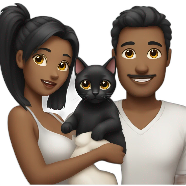 Black hair mum and dad, one baby girl, one black cat on white cat  emoji